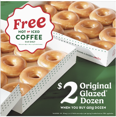 Krispy Kreme Doughnut Canada National Coffee Day Promotions: Enjoy FREE Hot or Iced Coffee with Any Purchase, September 29 only